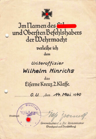Gruppe Verleihungsurlunden für einen Angehörigen im Pionier Btl. 22