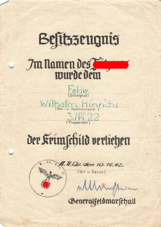 Gruppe Verleihungsurlunden für einen Angehörigen im Pionier Btl. 22