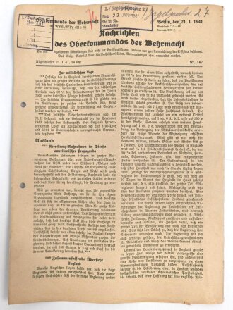 "Nachrichten des Oberkommandos der Wahrmacht" vom 21.1.1941 Eigangsstempel des I./Jagdgeschwader 27