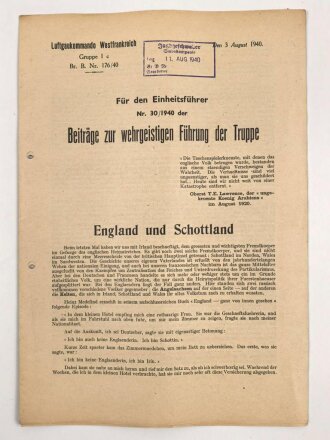 Luftgaukommando Westfrankreich "Beiträge zur wehrgeistigen Führung der Truppe" vom 3. August 1940  für das Jagdgeschwader