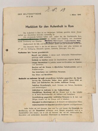 Der Militärattache Rom "Merkblatt für den Aufenthalt in Rom" vom 1. März 1941