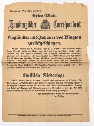 1.Weltkrieg "Extra-Blatt Hamburgischer Correspondent - Engländer und Japaner vor Tsingtau zurückgeschlagen" Wandanschlag, 33 x 47 cm