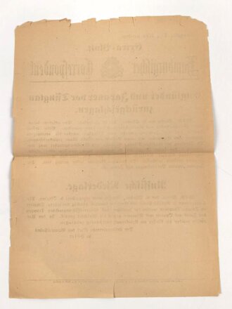 1.Weltkrieg "Extra-Blatt Hamburgischer Correspondent - Engländer und Japaner vor Tsingtau zurückgeschlagen" Wandanschlag, 33 x 47 cm