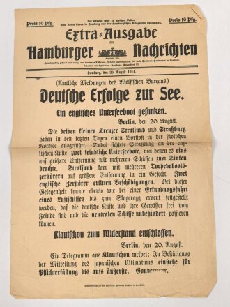 "Extra-Ausgabe Hamburger Nachrichten - Deutsche Erfolge zur See" 20.August 1914, Wandanschlag, 33 x 47 cm