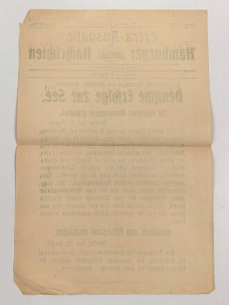 "Extra-Ausgabe Hamburger Nachrichten - Deutsche Erfolge zur See" 20.August 1914, Wandanschlag, 33 x 47 cm
