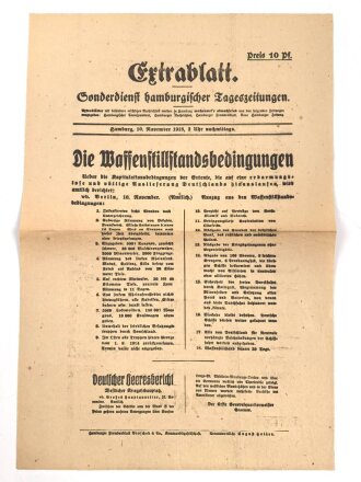"Extrablatt Sonderdienst Hamburgischer Tageszeitung - Die Waffenstillstandsbedingungen" 10. November 1918, Wandanschlag, 27 x 40 cm