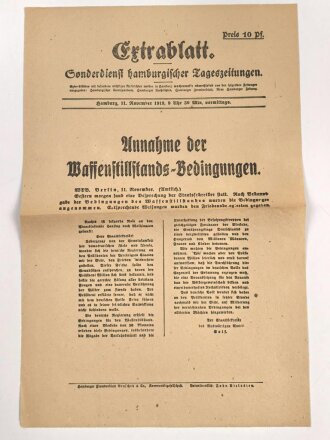 "Extrablatt Sonderdienst Hamburgischer Tageszeitung - Annahme der Waffenstillstands-Bedingungen" 11. November 1918, Wandanschlag, 27 x 40 cm