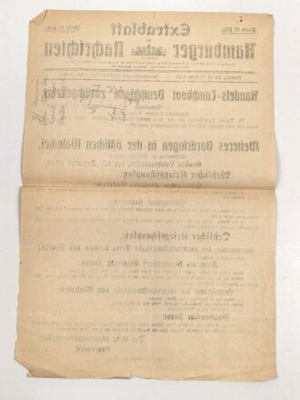 "Extrablatt der Hamburger Nachrichten - Handels Tauchboot Deutschland zurückgekehrt" 10. Dezember 1916, Wandanschlag, 31 x 46 cm