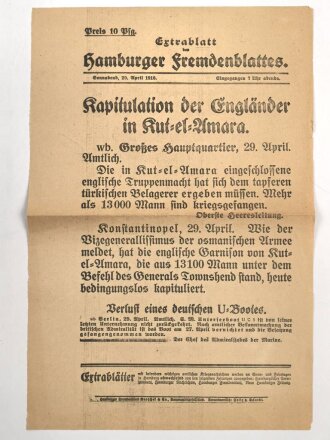 "Extrablatt des Hamburger Fremdenblattes - Kapitulation der Engländer in Kut-el-Amara" 29. April 1916, Wandanschlag, 26x 40 cm