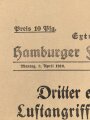 "Extrablatt des Hamburger Fremdenblattes - Dritter erfolgreicher Luftangriff auf England" 3. April 1916, Wandanschlag, 26x 40 cm