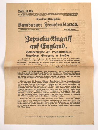 "Sonder-Ausgabe des Hamburger Fremdenblattes - Zeppelin Angriff auf England" 20. Januar 1915, Wandanschlag, 26x 40 cm