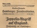 "Sonder-Ausgabe des Hamburger Fremdenblattes - Zeppelin Angriff auf England" 20. Januar 1915, Wandanschlag, 26x 40 cm