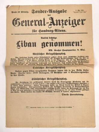 "Sonder-Ausgabe des General-Anzeiger für Hamburger-Altona -Libau genommen" 8. Mai 1915, Wandanschlag, 33 x 47 cm