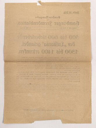 "Sonder-Ausgabe des Hamburger Fremdenblattes - 500 bis 600 Überlebende der Lusitania gelandet" 8. Mai 1915, Wandanschlag, 26x 40 cm