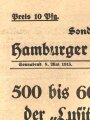 "Sonder-Ausgabe des Hamburger Fremdenblattes - 500 bis 600 Überlebende der Lusitania gelandet" 8. Mai 1915, Wandanschlag, 26x 40 cm