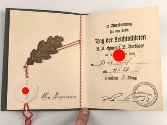 Nationalsozialistischer Reichsbund für Leibesübungen, Anerkennungsurkunde für denTag der Leichtathleten in Nordhorn am 18. September 1938