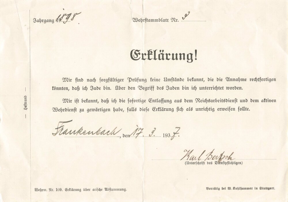 Erklärung eines Dienstpflichtigen das dieser kein Jude ist, datiert 1 ...