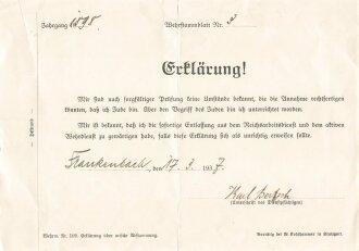 Erklärung eines Dienstpflichtigen das dieser kein Jude ist, datiert 1937, Maße 21 x 15 cm