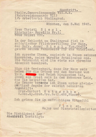 Stalingrad, Abschrift einer Mitteilung eines Gefallenen Gefreiten, DIN A5