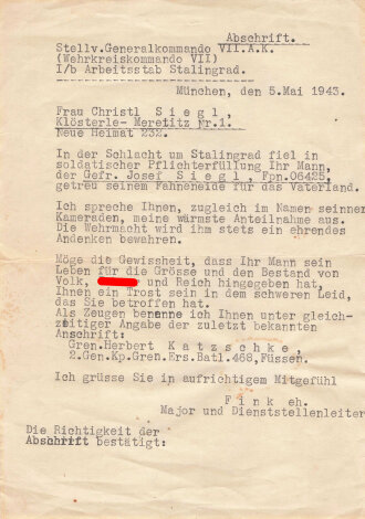 Stalingrad, Abschrift einer Mitteilung eines Gefallenen Gefreiten, DIN A5