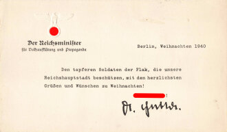 Der Reichsminister für Volksaufklärung und Propaganda"Weihnachtsgruß 1940" Maße: 21 x 12 cm