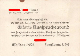 NSDAP Hitler Jugend Bann 508 "Eltern Ausspracheabend" datiert 1940, Maße: 15 x 10,5 cm