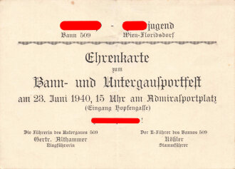 NSDAP Hitler Jugend Bann 509 "Ehrenkarte zum Bann- und Untergausportfest" datiert 1940, Maße: 15 x 11 cm