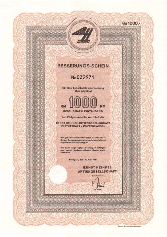 Deutschland nach 1945, Ernst Heinkel Aktiengesellschaft "Besserungs-Schein" über 1000 Reichsmark von 1943