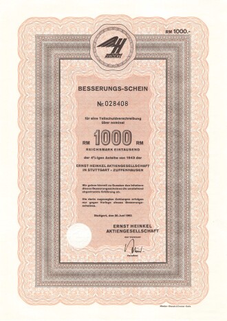 Deutschland nach 1945, Ernst Heinkel Aktiengesellschaft "Besserungs-Schein" über 1000 Reichsmark von 1943