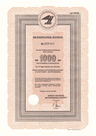 Deutschland nach 1945, Ernst Heinkel Aktiengesellschaft "Besserungs-Schein" über 1000 Reichsmark von 1943
