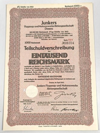 Junkers Flugzeug- und Motorenwerke "Teilschuldverschreibung über 1000 Reichsmark" 1942