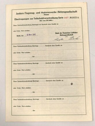 Junkers Flugzeug- und Motorenwerke "Teilschuldverschreibung über 1000 Reichsmark" 1942