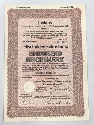 Junkers Flugzeug- und Motorenwerke "Teilschuldverschreibung über 1000 Reichsmark" 1942