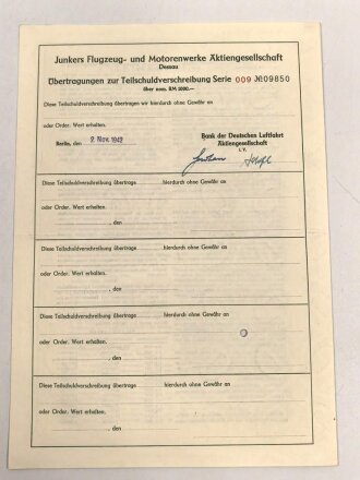 Junkers Flugzeug- und Motorenwerke "Teilschuldverschreibung über 1000 Reichsmark" 1942