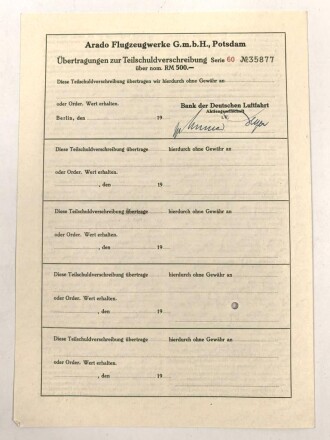 Arado Flugzeugwerke "Teilschuldverschreibung über 500 Reichsmark" 1942