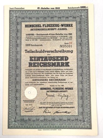 Henschel Flugzeugwerke "Teilschuldverschreibung über 1000 Reichsmark" 1943