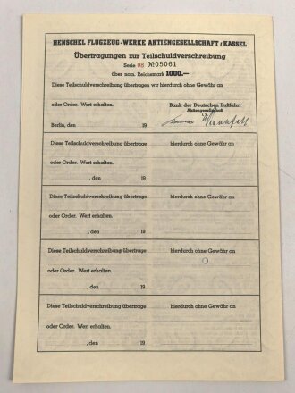Henschel Flugzeugwerke "Teilschuldverschreibung über 1000 Reichsmark" 1943