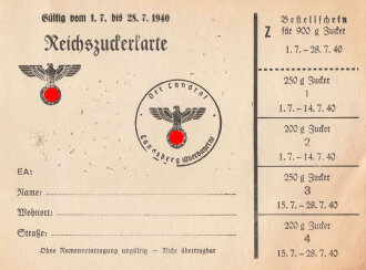 "Reichszuckerkarte" der Stadt Landsberg, gültig vom 1.7. bis 28. 7.1940, DIN A6