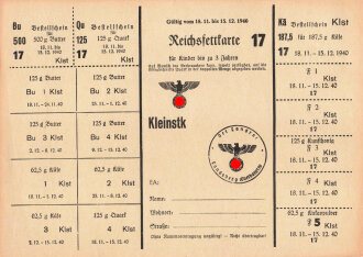 "Reichsfettkarte" für Kinder bis zu 3 Jahre, der Stadt Landsberg, gültig vom 18.11. bis 15.12.1940, DIN A5