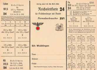 "Reichsfettkarte" für Selbstversorger mit Butter der Stadt Waiblingen, gültig vom 2.6 bis 29.6.1941, DIN A5