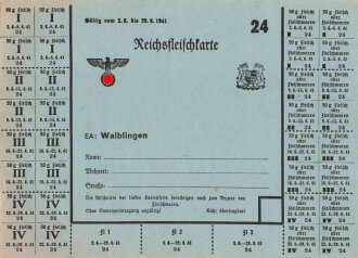 "Reichsfleischkarte" der Stadt Waiblingen, gültig vom 2.6. bis 29.6.1941, DIN A5