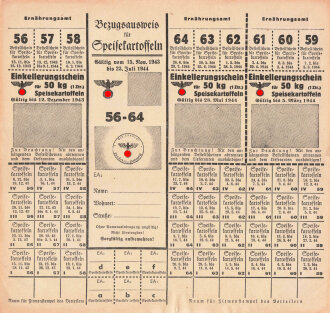 "Bezugsausweis für Speisekartoffeln" Einkellerungsschein der Stadt Landsberg, gültig vom15. November 1943 bis 23. Juli 1944, etwas DIN A4