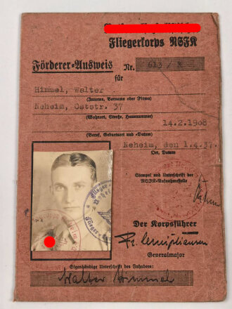 NS Fliegerkorps NSFK, Förderer Ausweis datiert 1937