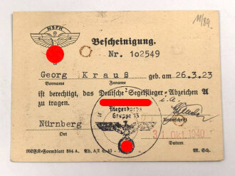 NS Fliegerkorps NSFK, Gruppe Ausweise eines Gleit- und Segelfliegers