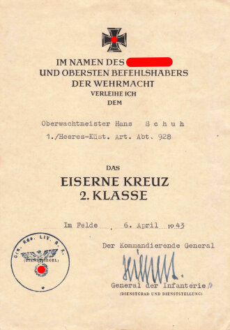 Heeresküstenartillerie, Papiernachlass eines Angehörigen in der Abteilung 928 , eingesetzt im Raum Leningrad mit 10,5 cm Kanonen tschechischer Bauart.