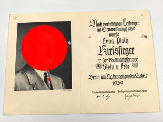 Verleihungsurkunde zum Abzeichen für Kreissieger 1939