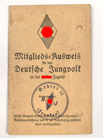 Mitglieds Ausweis Deutsches Jungvolk eines Angehörigen im Gebiet 18 ( Franken )