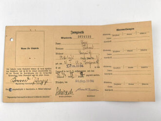 Mitglieds Ausweis Deutsches Jungvolk eines Angehörigen im Gebiet 18 ( Franken )