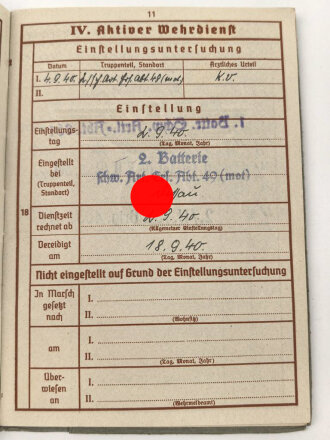 Wehrpaß Heer, eingestellt am 2.9.1940 bei schwere Artillerie Ersatz Abteilung 40 ( mot )