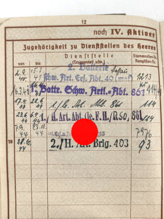 Wehrpaß Heer, eingestellt am 2.9.1940 bei schwere Artillerie Ersatz Abteilung 40 ( mot )